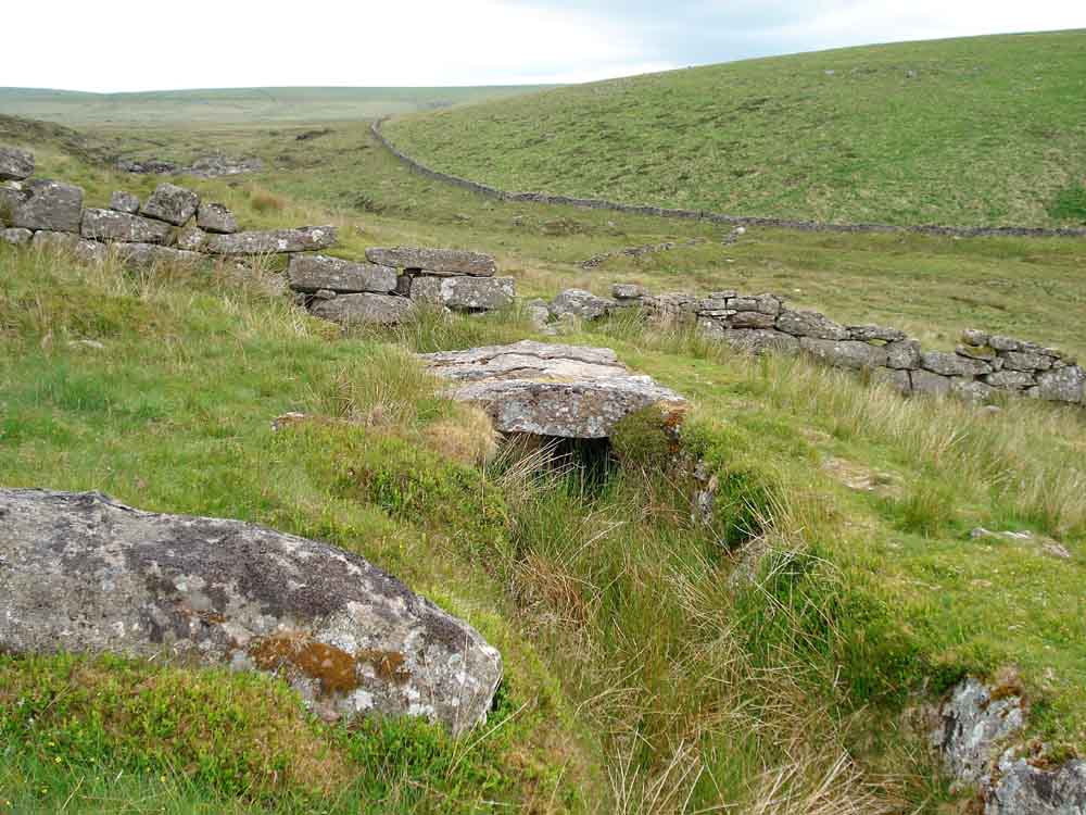 Clapper Bridge over the dry Wheal Emma leat (FB on OS Map). SX 6278 7132