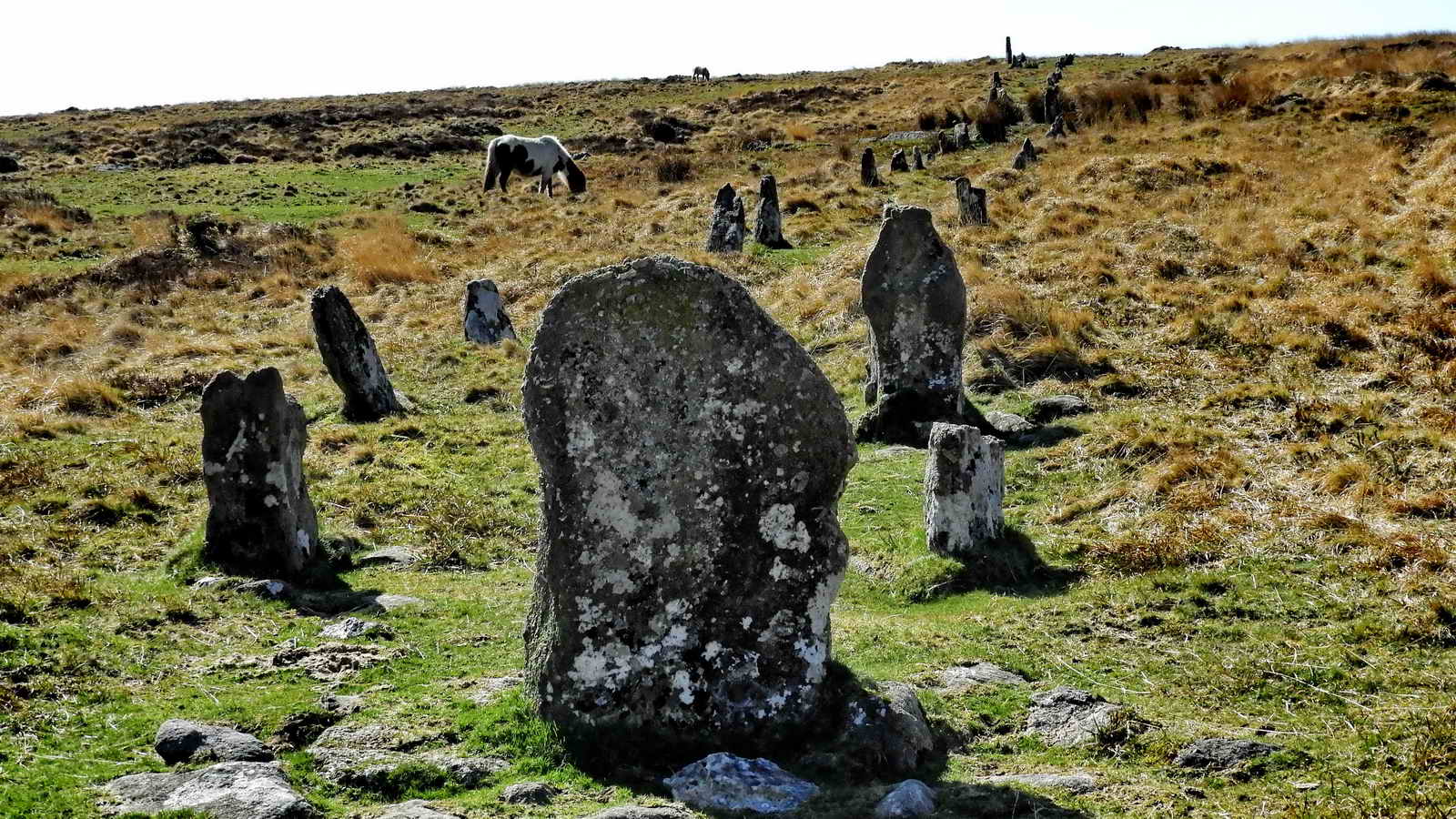 Looking up the slope from behind the blocking stone, the two rows can be seen to be noticeably bent