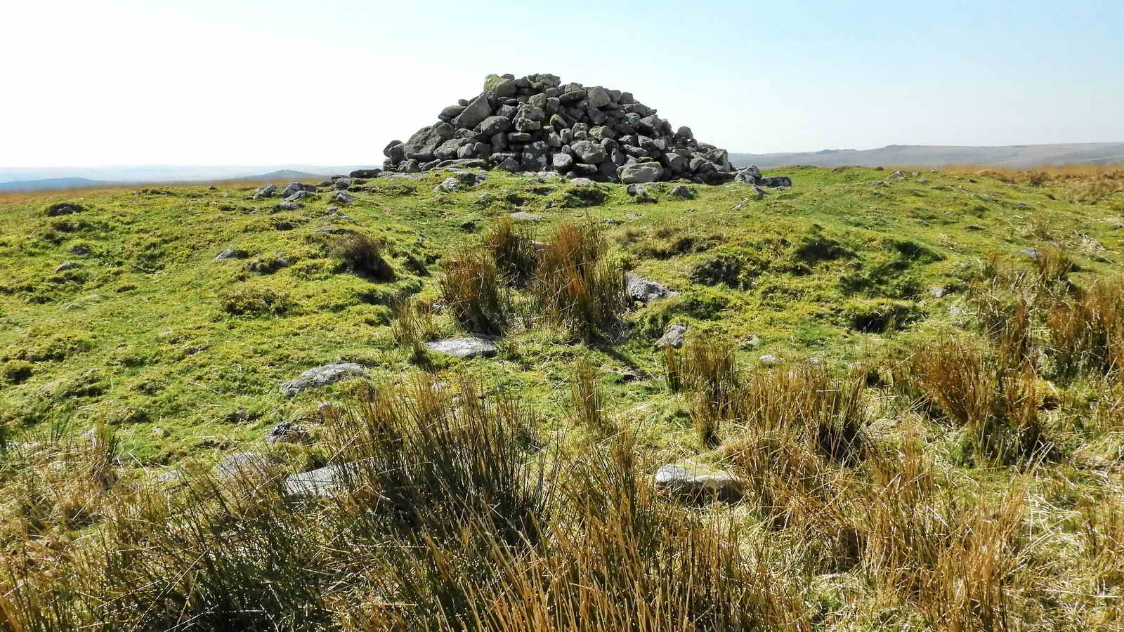 Another view, faintly showing the passage-way cut into the grass. This was used to rob the cairn many years ago