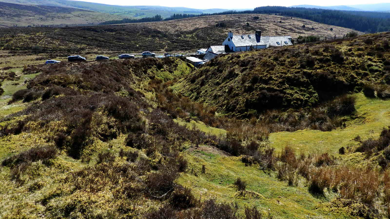 The footpath from the cairn passes close to a deep gert that comes from the direction of the Caroline Mine, to the west, half-surrounding the Warren House Inn